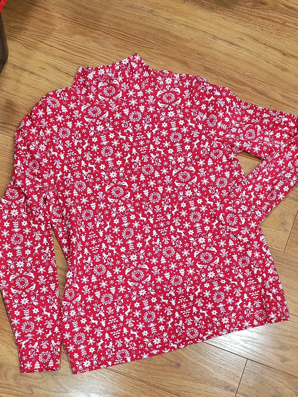 Lands' End Red Holiday Print Mock Neck Top